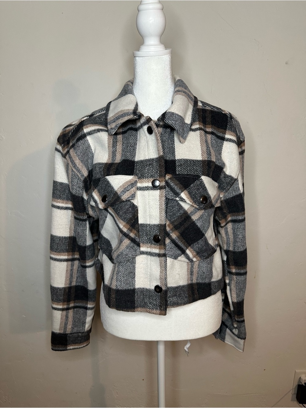 Black, Cream & Gray Plaid Cropped Women’s Jacket